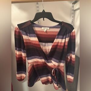 Monteau Women’s Long Sleeve Striped Top Size Small Faux Wrap Detail